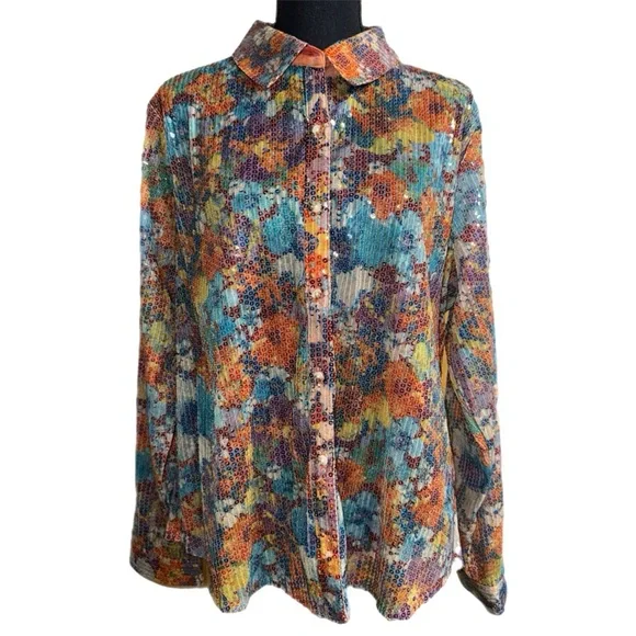 Cato Collection - Limited Edition - Rainbow Floral Sequined Shirt - Size XL - Picture 10 of 10